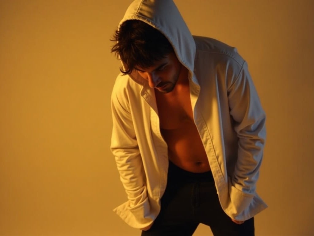 This image features a person in a dynamic pose, wearing a white shirt with a hood and dark shorts. The shirt is slightly open at the front, suggesting a sense of casual style. The lighting is warm, casting a soft glow on the subject, and their face is partially obscured by the hood and shadows, adding an air of mystery. The subject's pose is engaging, as if they are about to leap into action. Overall, the scene captures a blend of casual fashion and artistic expression.