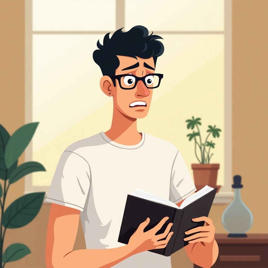 This illustration features a modern flat-style depiction of a skinny, tall man aged 30-35. He has curly short dark hair, wears glasses, and has an expression of irritation while reading a book. His outfit consists of a simple white t-shirt, and he is positioned in a cozy light home office setting. The background includes plants and soft light streaming through a window, enhancing the peaceful but slightly anxious atmosphere. The illustration captures a moment of immersion in reading, reflecting the character's thoughts and feelings.