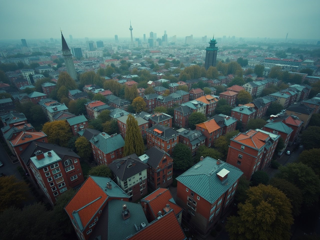 A panoramic view of a Berlin neighborhood captured in a cinematic style, showcasing a dramatic mood. The scene features an intricate layout of buildings, with various architectural shapes and colorful rooftops creating visual interest. The lighting adds depth, enhancing the textures of the buildings and the atmosphere around them. The surrounding cityscape stretches into the distance, revealing more urban complexity. The overall composition evokes a sense of vastness and intrigue, highlighting both the beauty and the structured chaos of urban living.