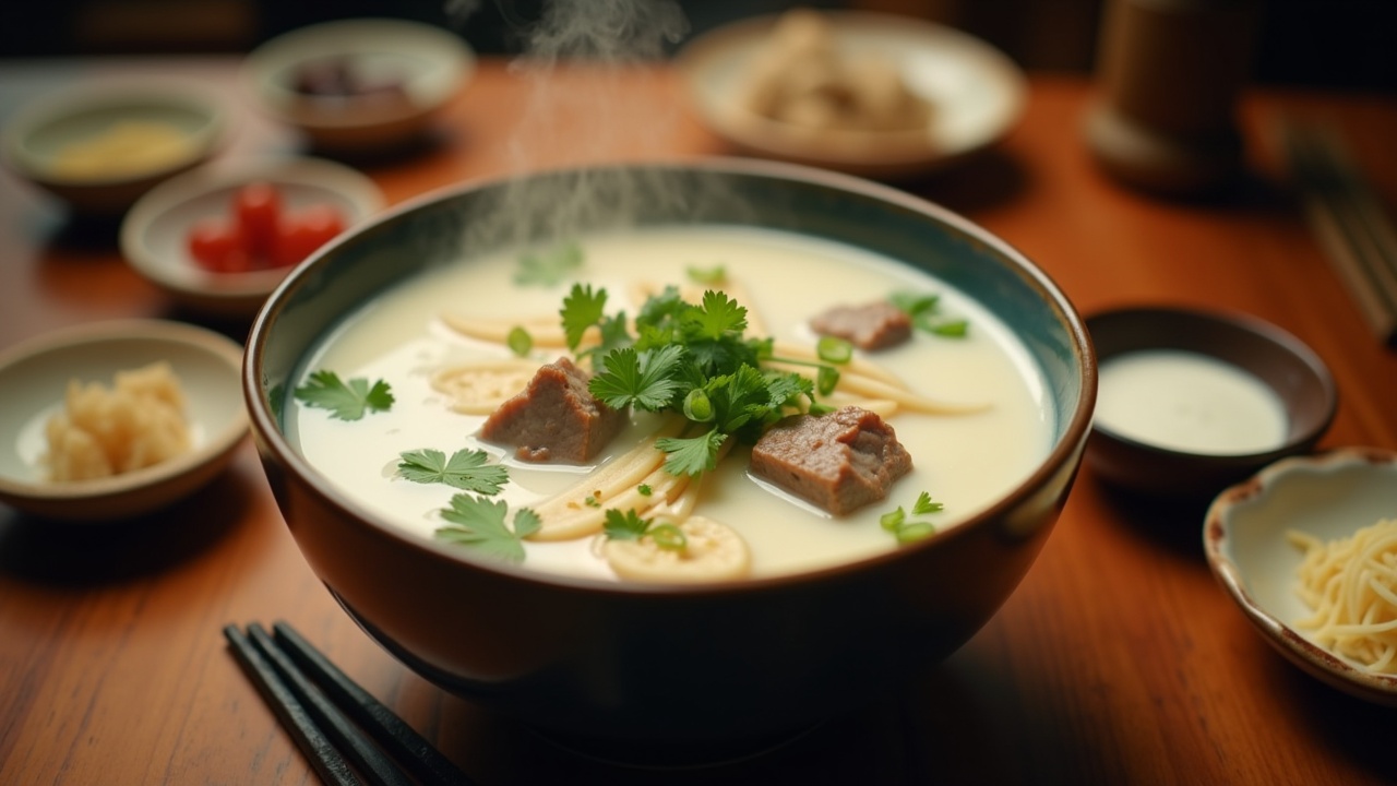 This image captures the essence of enjoying mutton soup at the beginning of winter. A steaming bowl of rich, milky white mutton soup sits at the center, filled with succulent pieces of mutton and delicate ginger slices. Sprigs of coriander and green onions add a touch of color, enhancing the dish's appeal. Surrounding the bowl are small dishes filled with garlic, chili sauce, and white vinegar, emphasizing the comforting nature of winter meals. The warm wooden table and gentle lighting contribute to a tranquil setting, making this a perfect scene for food enthusiasts and winter comfort food lovers.