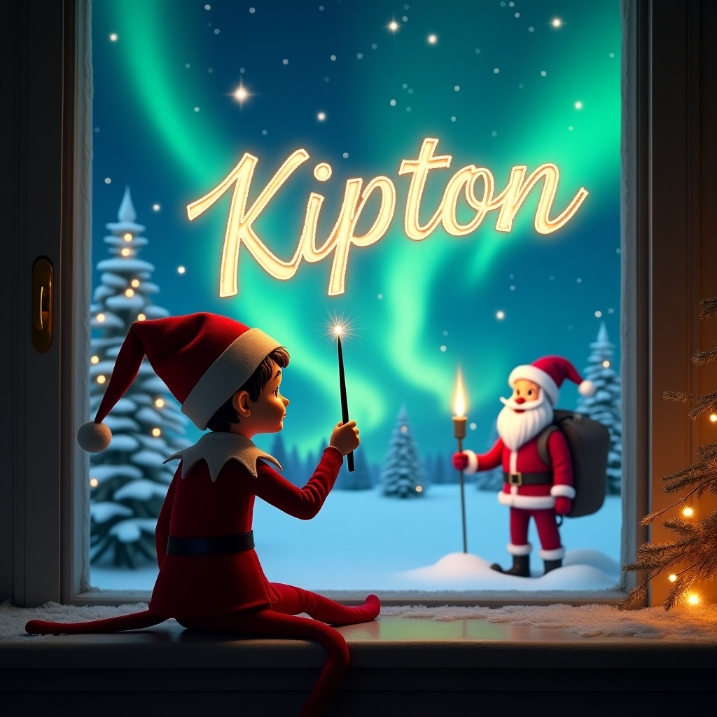 An enchanting scene featuring an elf on the shelf with his back turned, gazing out a window. He is using a magical wand to elegantly write the name 'Kipton' in the sky. The background showcases a breathtaking Christmas landscape filled with snow-covered trees and northern lights. In the distance, Santa Claus is seen holding a lantern. The atmosphere exudes warmth, joy, and the magic of the holiday season, inviting viewers into a whimsical winter wonderland.