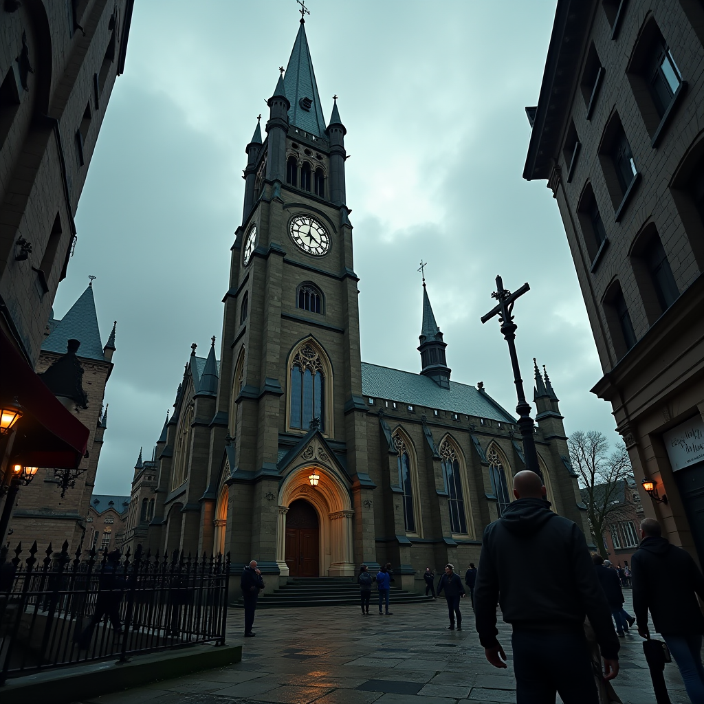 A Gothic-style cathedral with a clock tower stands amidst an evening sky, surrounded by people and old buildings.