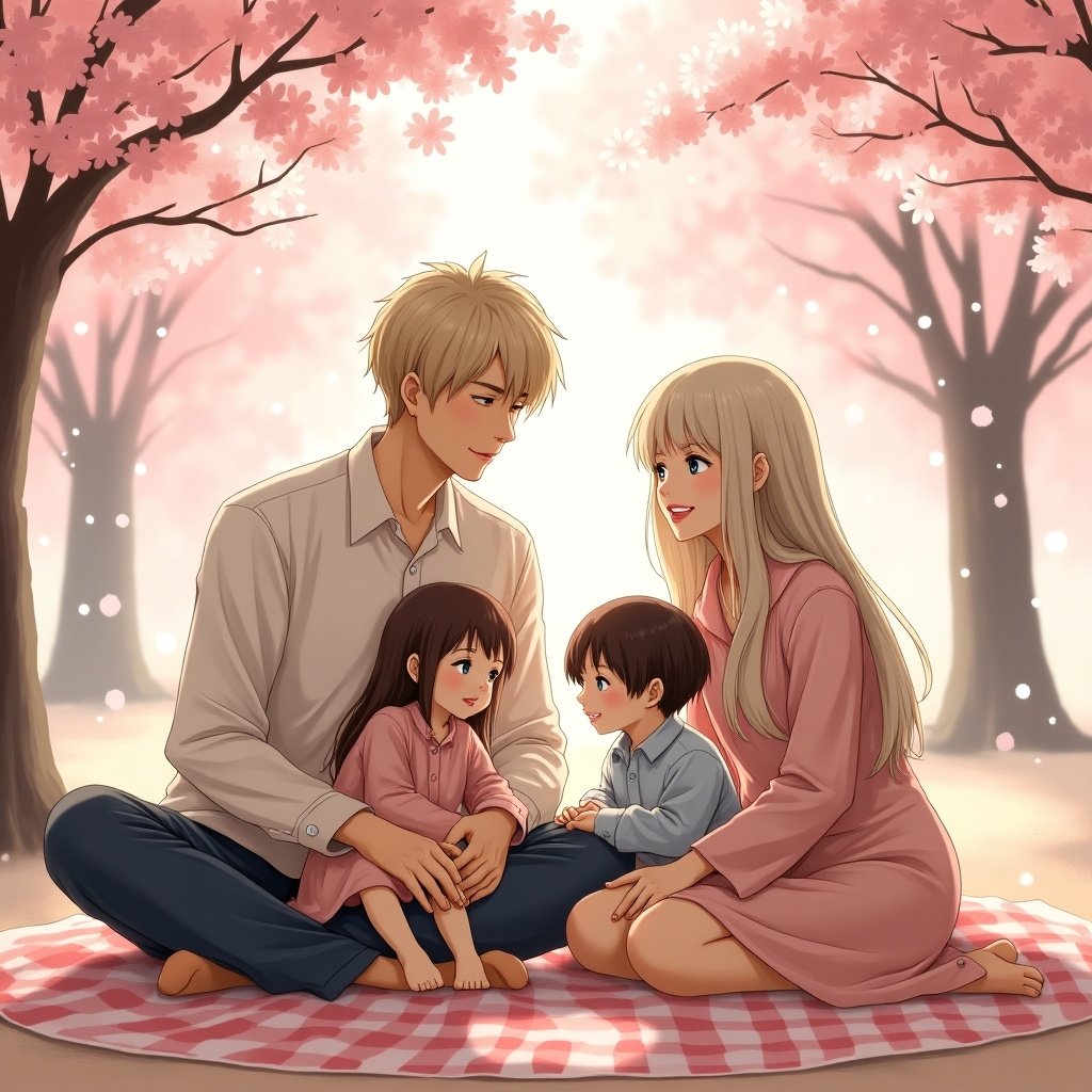 The image depicts a warm, intimate picnic scene under beautiful cherry blossom trees. Yukicho Yun-Jin and Akhiro Ren-Yuki are seated on a checkered picnic blanket, surrounded by their two children, a girl and a boy. The family shares joyful interactions in a serene environment filled with blooming cherry blossoms. The color palette features soft pinks and beiges, enhancing the warmth of the moment. The atmosphere is peaceful and loving, conveying a sense of familial bonds and quality time together.