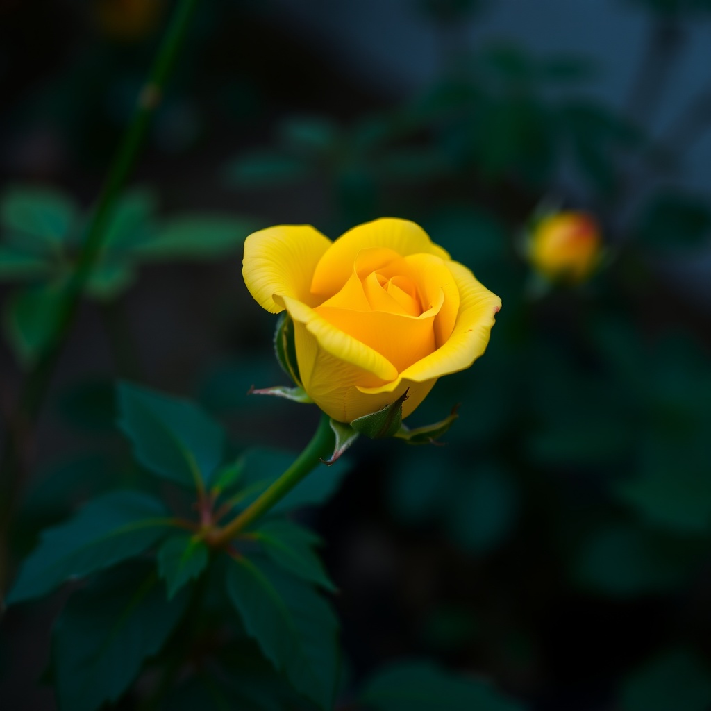 A vibrant yellow rose in full bloom against a dark green background.