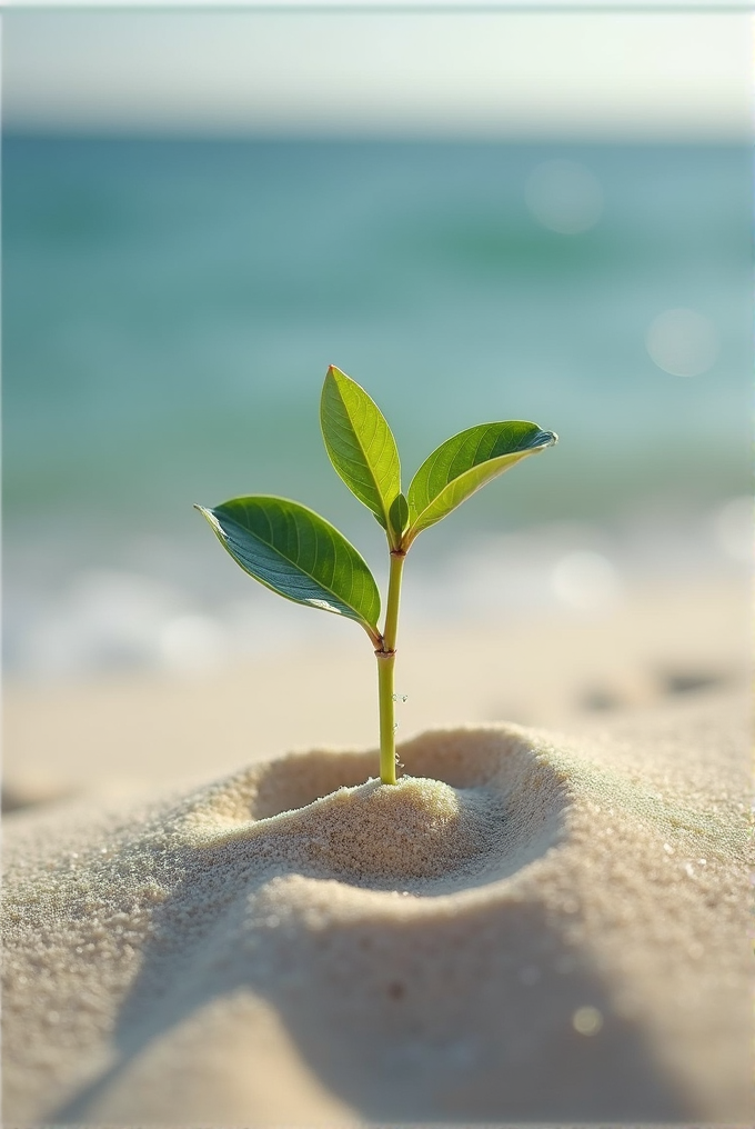 A small green plant grows in sandy soil by the ocean.