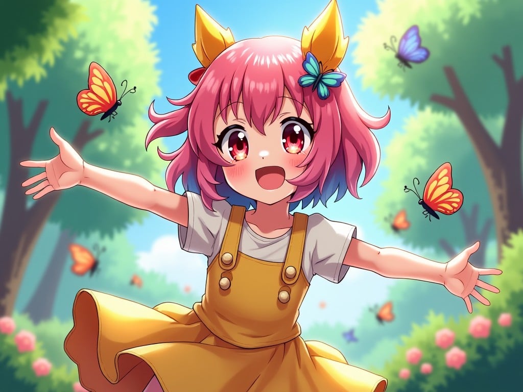 The image features a cute anime girl with bright pink hair wearing a yellow dress, standing in a lush green park. She stretches her arms wide as butterflies flit around her. The scene is vibrant, filled with blooming flowers and sunny skies. The girl's expression is one of pure joy, evoking a sense of happiness and playfulness. This illustration captures a moment of carefree childhood in a whimsical environment.