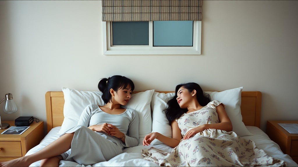 Two women are calmly lying side by side on a bed, engaged in a relaxed conversation. The setting is warm and minimalistic, with soft lighting enhancing the intimate and peaceful atmosphere. Their expressions convey a sense of closeness and tranquility, making the scene feel serene and comforting.