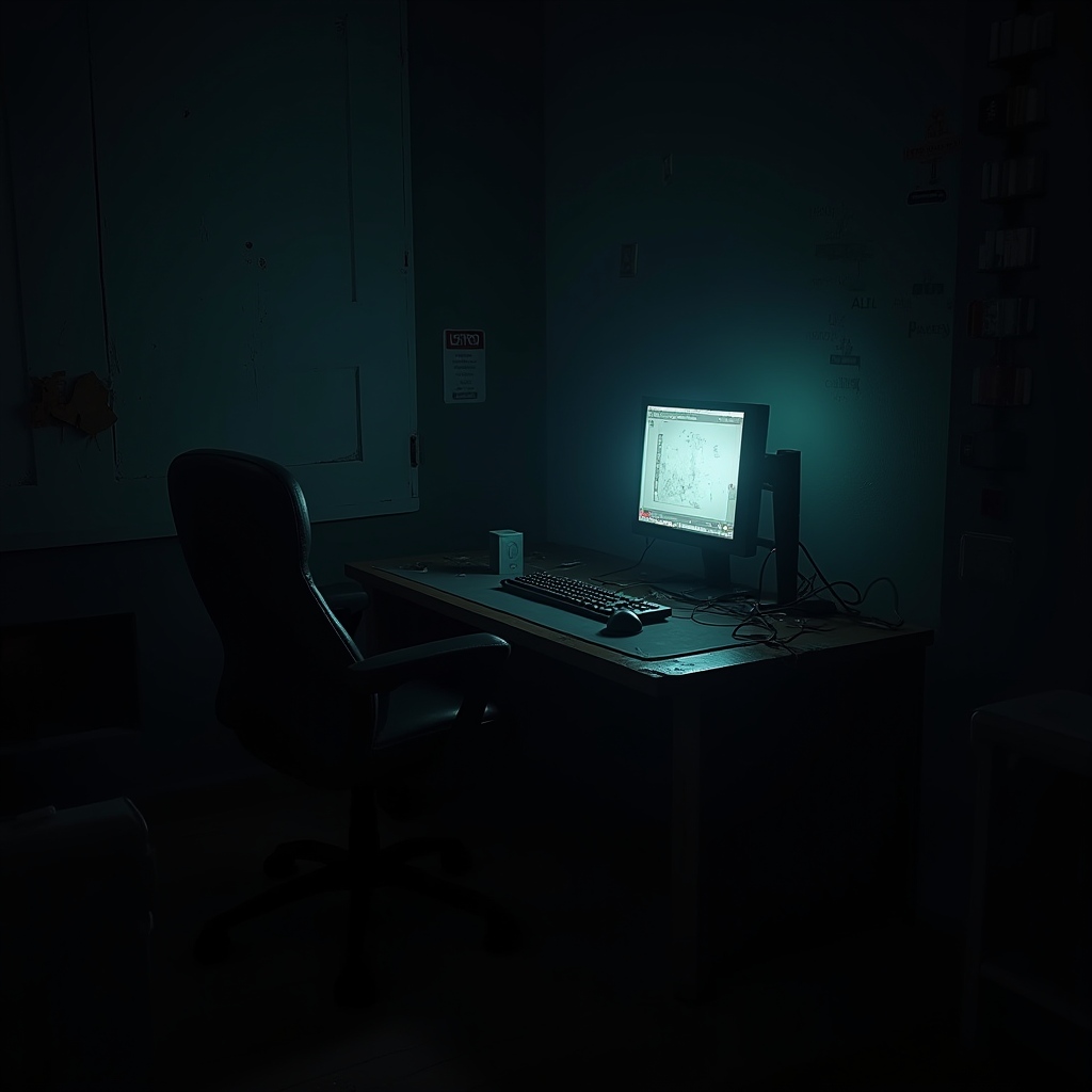 A dimly lit room with a glowing computer screen illuminating an empty chair and desk.