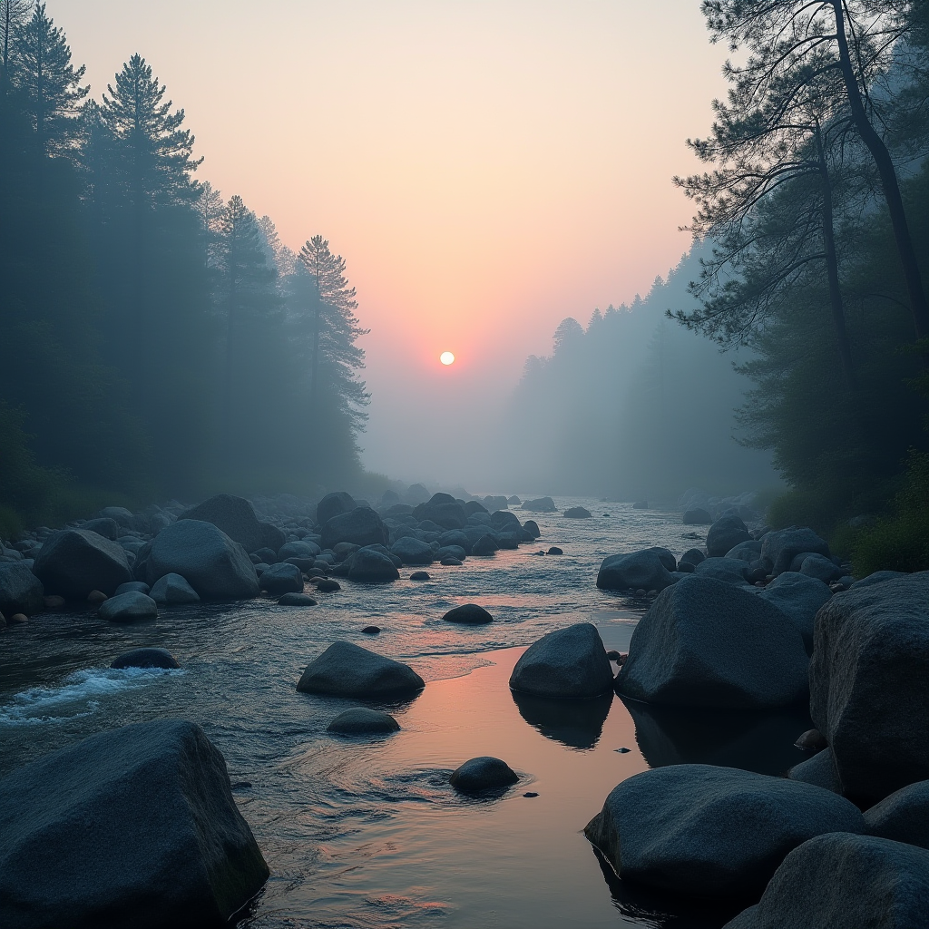 A calm river flows between rocky banks, surrounded by misty trees as the sun rises.