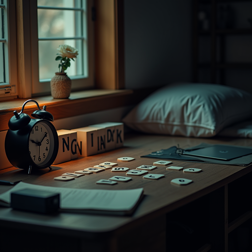 A cozy desk setup with an analog clock and scattered letter tiles by a sunny window.