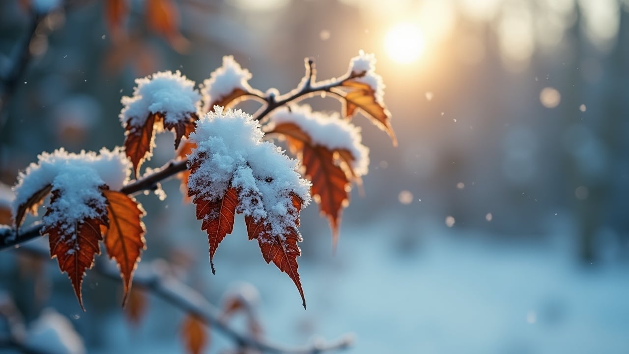 This image captures a serene winter scene featuring dry leaves blanketed in a thin layer of soft snow. As the sun rises, a warm golden light filters through the background, creating a magical atmosphere. The close-up perspective highlights the intricate details of the leaves and snow. Light snowflakes fall in the background, adding to the enchanting winter mood. The overall effect is soft and dreamy, reminiscent of a film photograph, perfect for conveying the beauty of nature in winter.