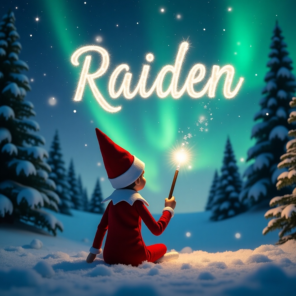 The image features an elf on the shelf, sitting with its back to the viewer, facing a beautiful sky filled with northern lights. The elf is using a magical wand to write names in the sky. The scene is set in a winter wonderland with snow covering the ground and evergreen trees in the background. Above the elf, the name ‘Raiden’ is elegantly written in sparkling light. The overall atmosphere is whimsical and festive, embodying the magic of Christmas.