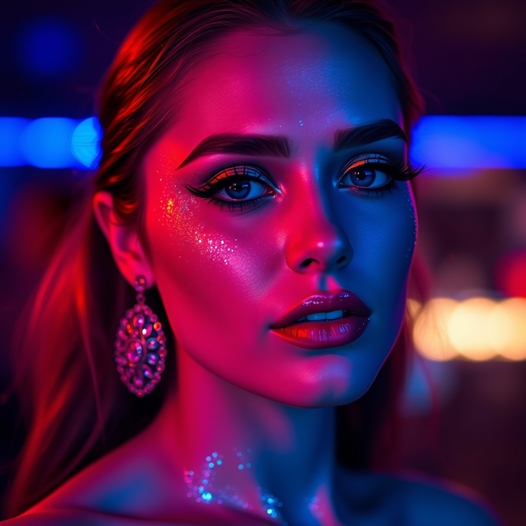 The image features a close-up portrait of a person illuminated by vibrant neon lights, casting a dramatic and colorful glow on their face. The lighting includes shades of blue, pink, and purple, creating a striking contrast. The subject is wearing elaborate earrings, and their makeup is bold, with glitter highlighting the cheeks and shoulders. The background is softly out of focus, allowing the neon colors and the subject's detailed features to stand out prominently.