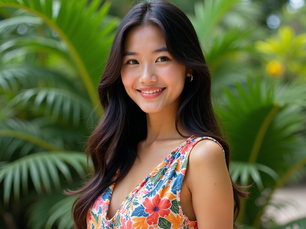 A portrait of a woman in a floral dress against a lush tropical backdrop, smiling warmly.