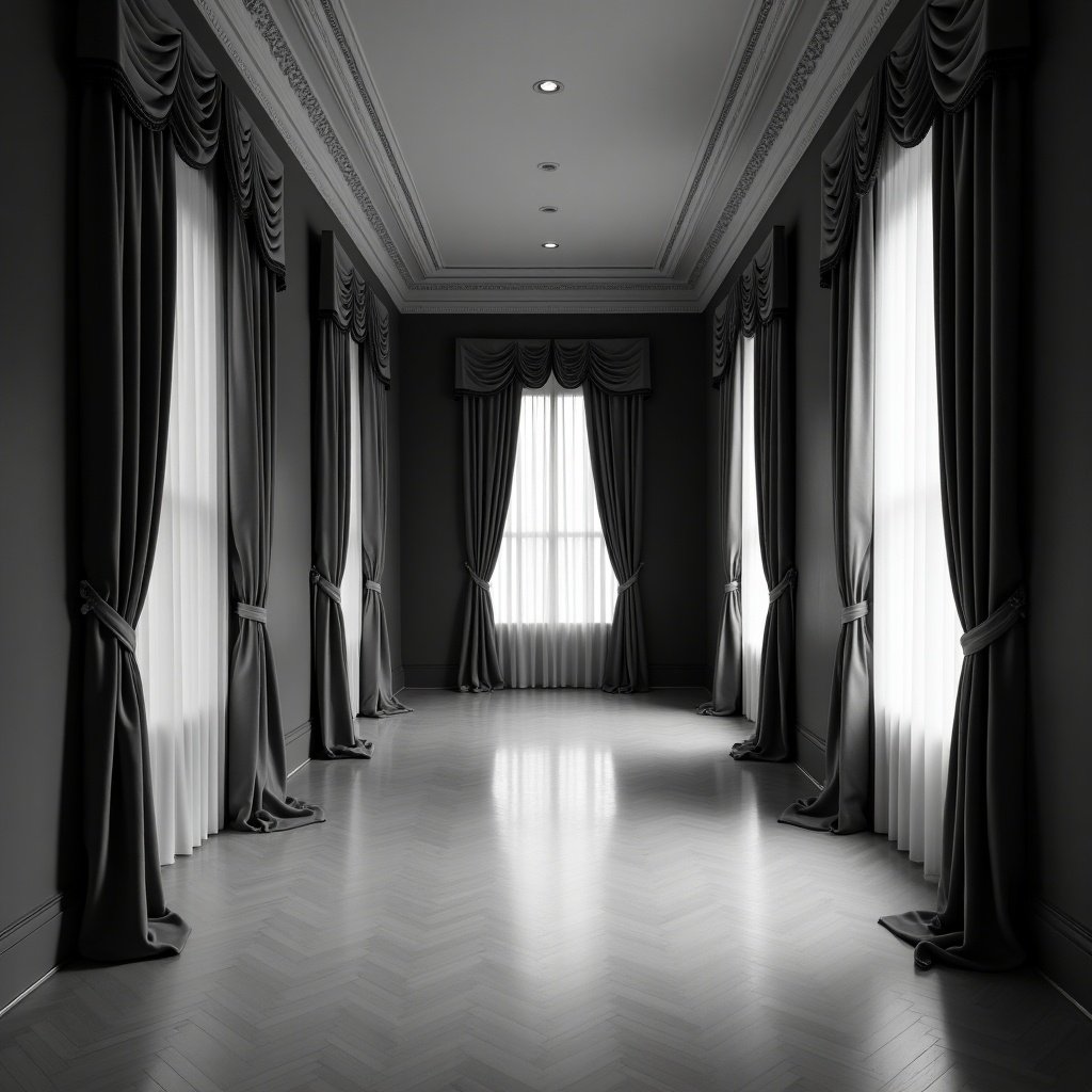 This image depicts an elegant museum room featuring a stunning design with black and white floors. Floor-to-ceiling drapes frame large windows, filtering soft natural light into the space. Each drape is beautifully arranged, enhancing the room's sophistication. The overall atmosphere exudes a sense of timeless elegance and monochrome beauty. The symmetry of the room creates a balanced aesthetic, ideal for showcasing art or events.