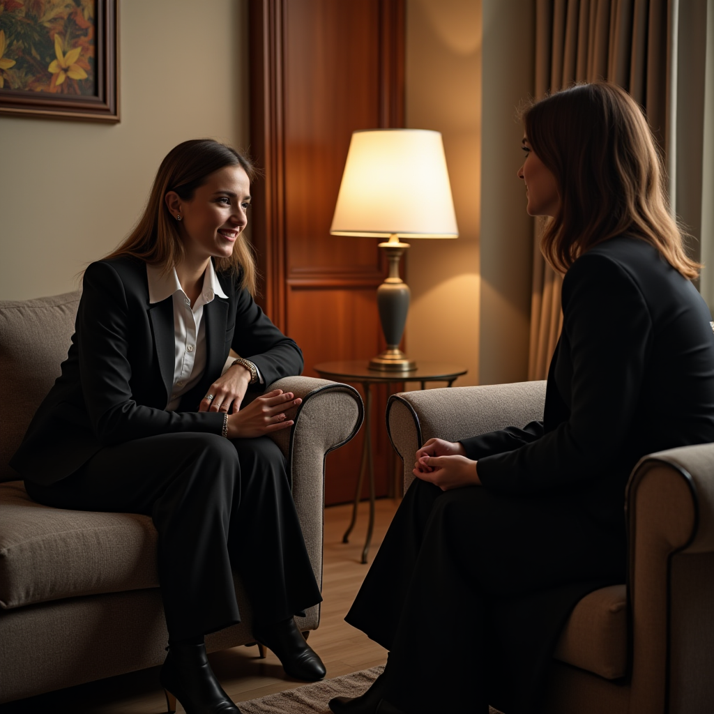 Two women in suits are sitting and talking in a warmly lit room.