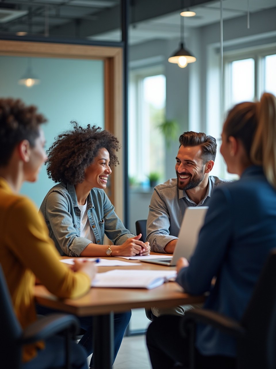 a diverse group of professionals having a meeting in a modern office, smiling and engaging in conversation