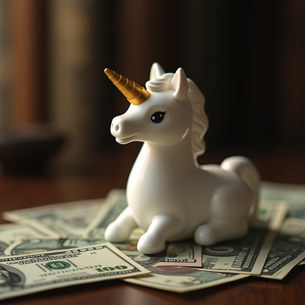 A white unicorn figurine with a golden horn sits atop scattered US dollar bills on a wooden surface.