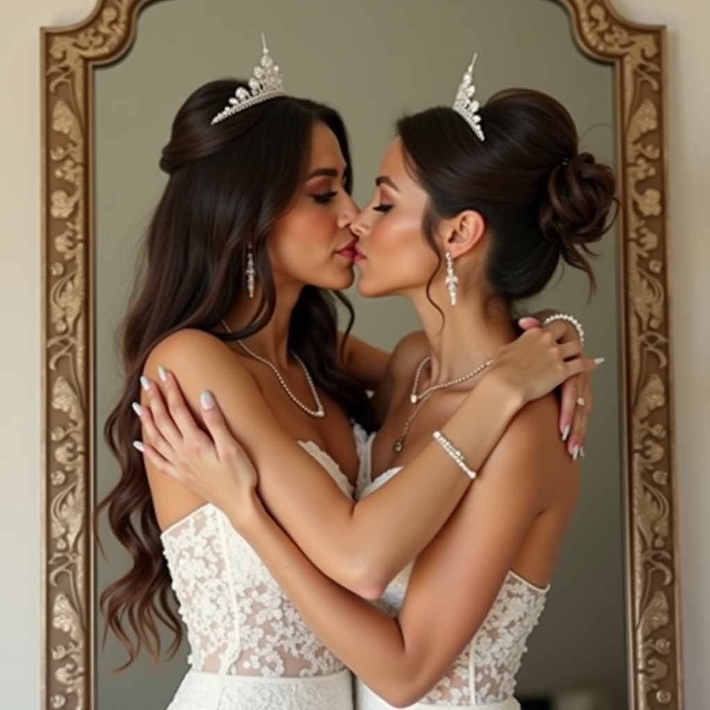 Two women in elegant attire stand closely in front of a mirror, wearing matching tiaras.