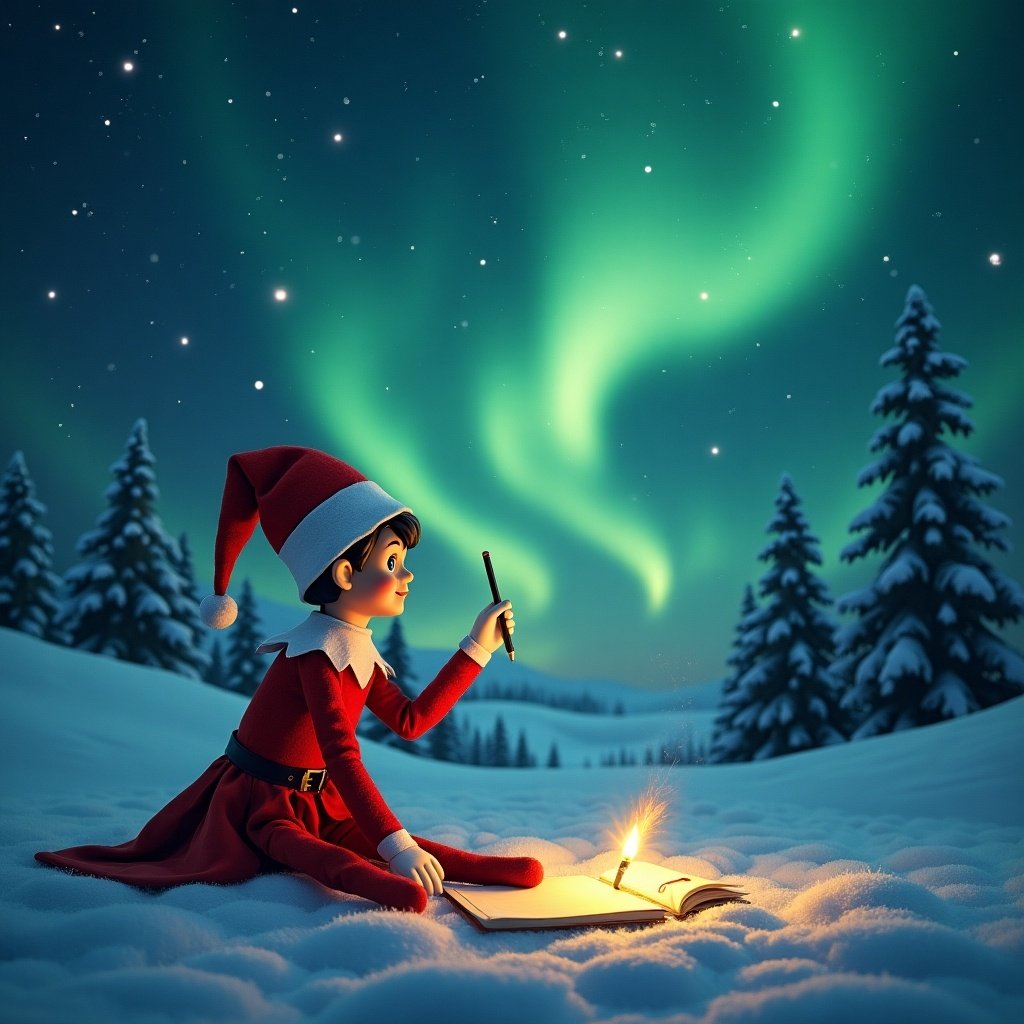 A cheerful elf sits in the snowy landscape at night, illuminated by the stunning Northern Lights. Dressed in a bright red outfit and a pointed hat, the elf is writing in a sparkling notebook. Around him, fluffy snow blankets the ground, and evergreen trees rise gently. The vibrant colors of the aurora borealis dance across the sky, creating a magical atmosphere. This enchanting scene evokes the spirit of Christmas and the joy of imagination.