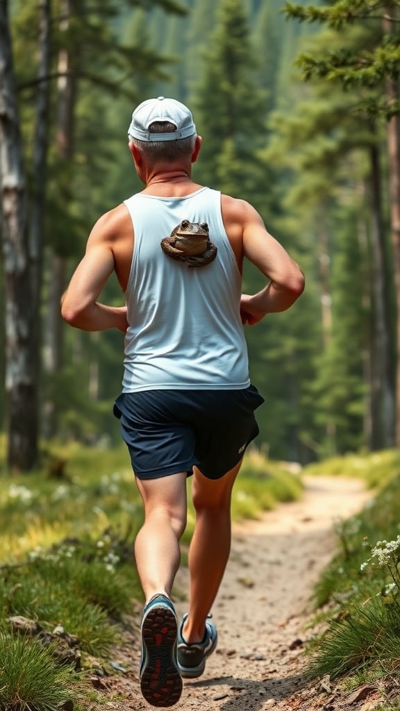 a man jogging on a forest trail with a frog on his back, wearing athletic gear