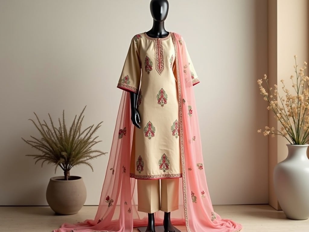 The image showcases a mannequin dressed in an elegant traditional outfit. The outfit features a light beige kurta adorned with intricate floral patterns in red and green. A matching pink dupatta with similar floral designs drapes gracefully over one shoulder. The mannequin stands against a soft, neutral backdrop with minimalistic decor. To the left, there is a decorative plant in a pot, and to the right, a modern vase that adds texture to the scene. The ensemble reflects a blend of traditional and contemporary styles.