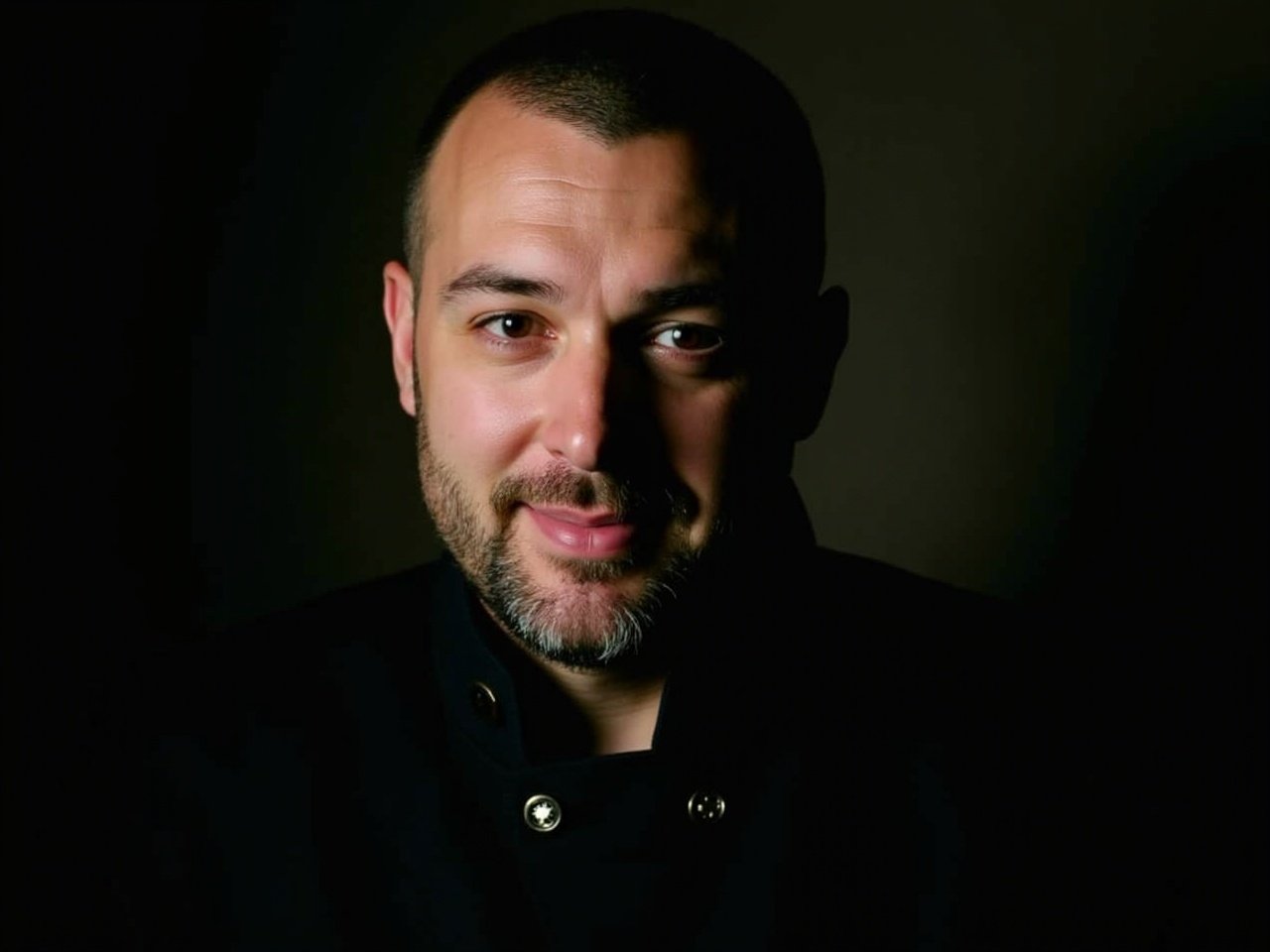 A man with a close-cropped hairstyle and a well-groomed beard is shown in a striking portrait. He is wearing a dark, high-collared garment with buttons that add a stylish touch to his look. The lighting in the image creates deep contrasts, accentuating his strong jawline and defined features. His expression displays a closed smile, conveying confidence and a hint of intrigue. The background is subdued, enhancing the focus on his face, which carries a serious yet calm demeanor.