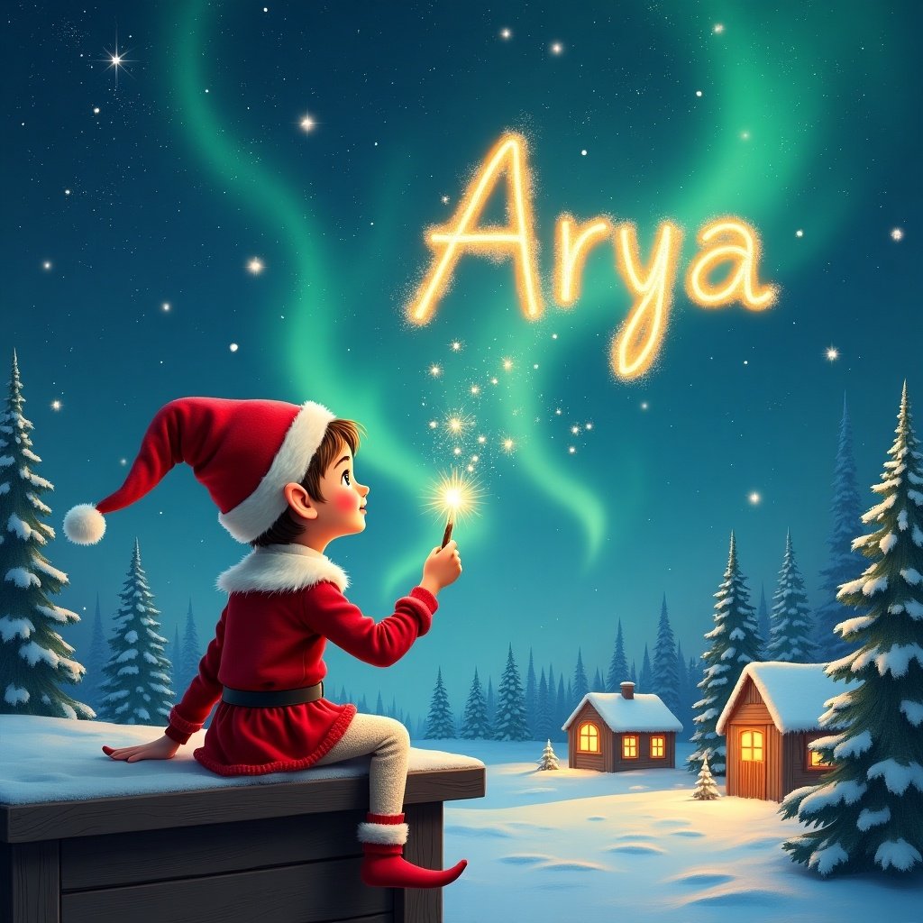 An elf sits on a wooden ledge, looking up at a magical sky filled with shimmering Northern Lights. The elf is dressed in a vibrant red outfit and a pointed hat. In one hand, the elf holds a sparkling wand, using it to write the name 'Arya' in the starry sky. Below, a snowy landscape features charming little houses and evergreen trees. As the elf continues to add names, like 'Natasha' and 'Ada', the scene becomes richer with childhood wonder and Christmas joy. This illustration celebrates the essence of holiday magic and whimsical adventures.