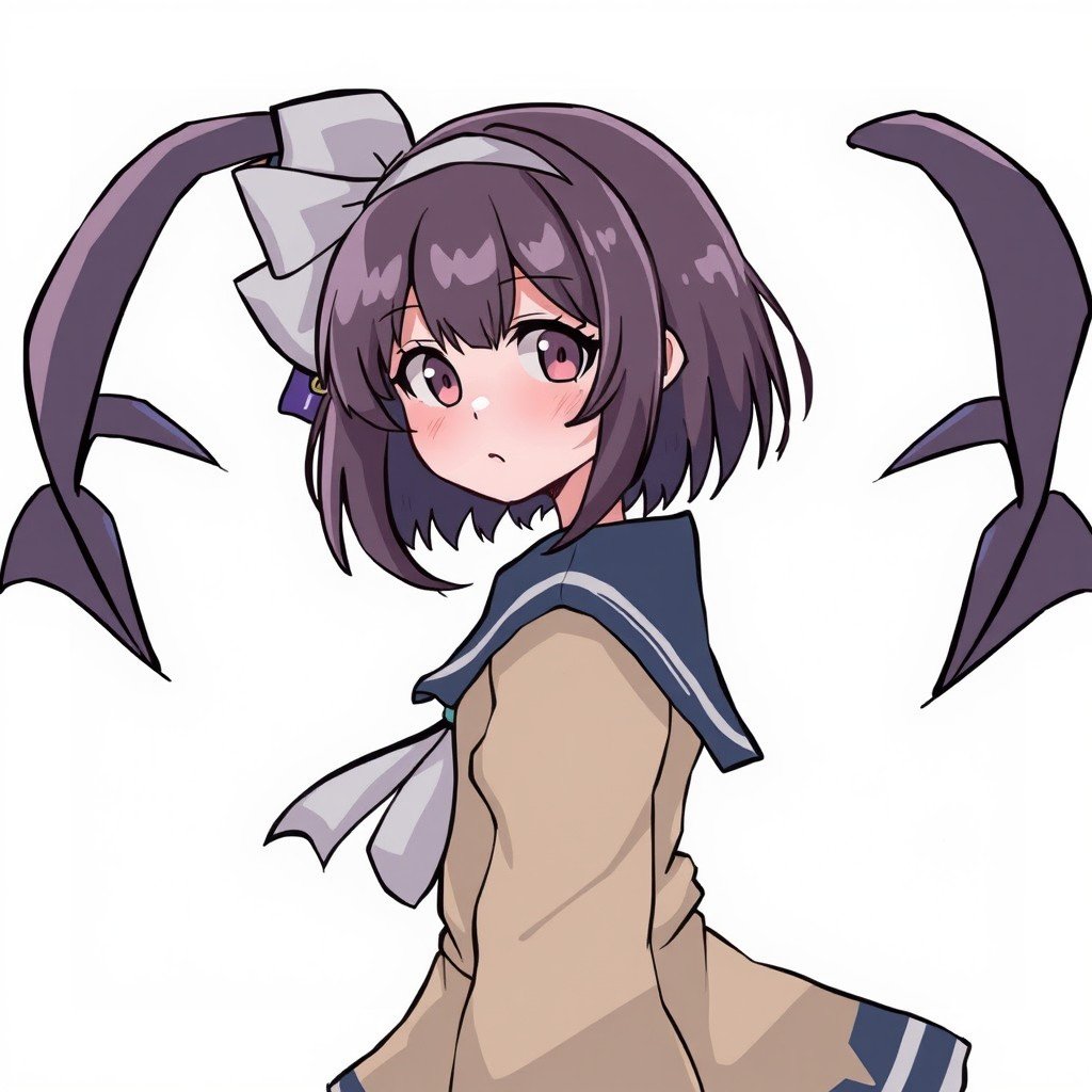 A shy anime girl with short purple hair and a sailor uniform, adorned with unique curved appendages.