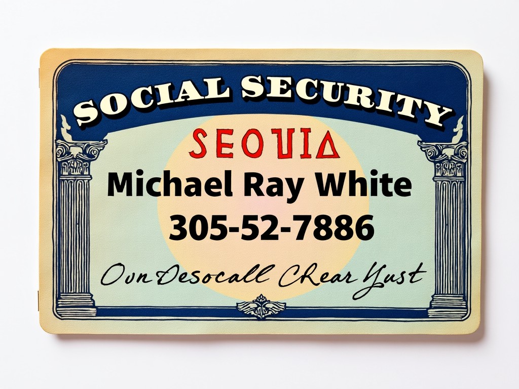 This image features a stylized representation of a Social Security card. The design incorporates vibrant colors and nonsensical script, creating an artistic effect. Prominently displayed is the name "Michael Ray White" along with a sequence of numbers, styled creatively. The card is decorated with design elements such as columns and circular shapes. Overall, the card presents a humorous twist on an official document.