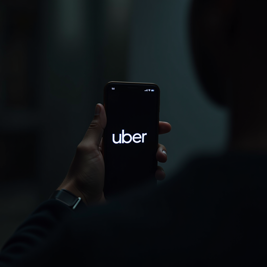 A person holds a smartphone displaying the Uber app in a dimly lit environment.