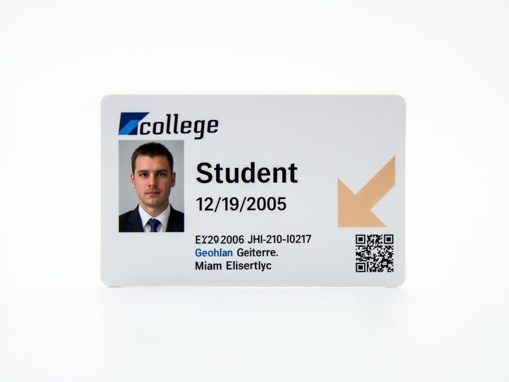 This image displays a student ID card from a German college. The card is prominently white, featuring the word 'Student' and a birth date of 12/19/2005. There is a QR code and personal details associated with the student. The layout is professional, showcasing elements typical of college ID cards. The photo on the card presents a serious and academic tone.