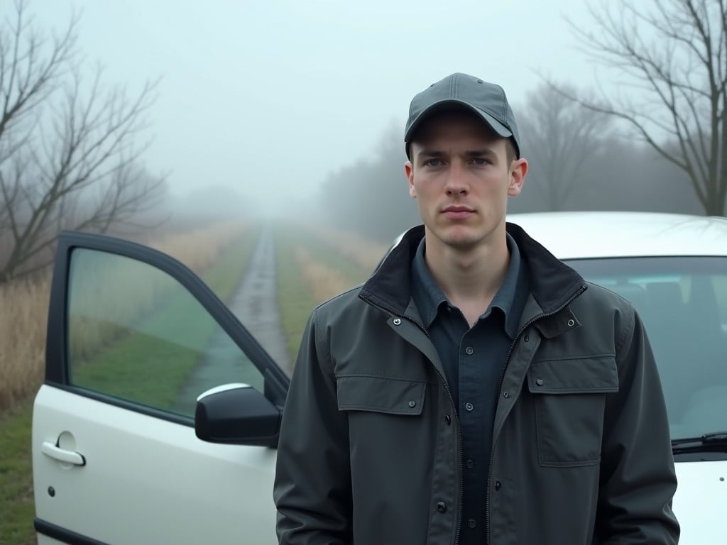 The image shows a young man standing beside a white car in a rural setting. He is wearing a dark jacket and a cap. The background is somewhat foggy with barren trees and a road in the distance. The atmosphere appears gloomy or overcast, giving a chilly impression. The car has its door open, suggesting the man may have just arrived or is about to leave. There are a few structures visible, but they are not clearly defined due to the fog.