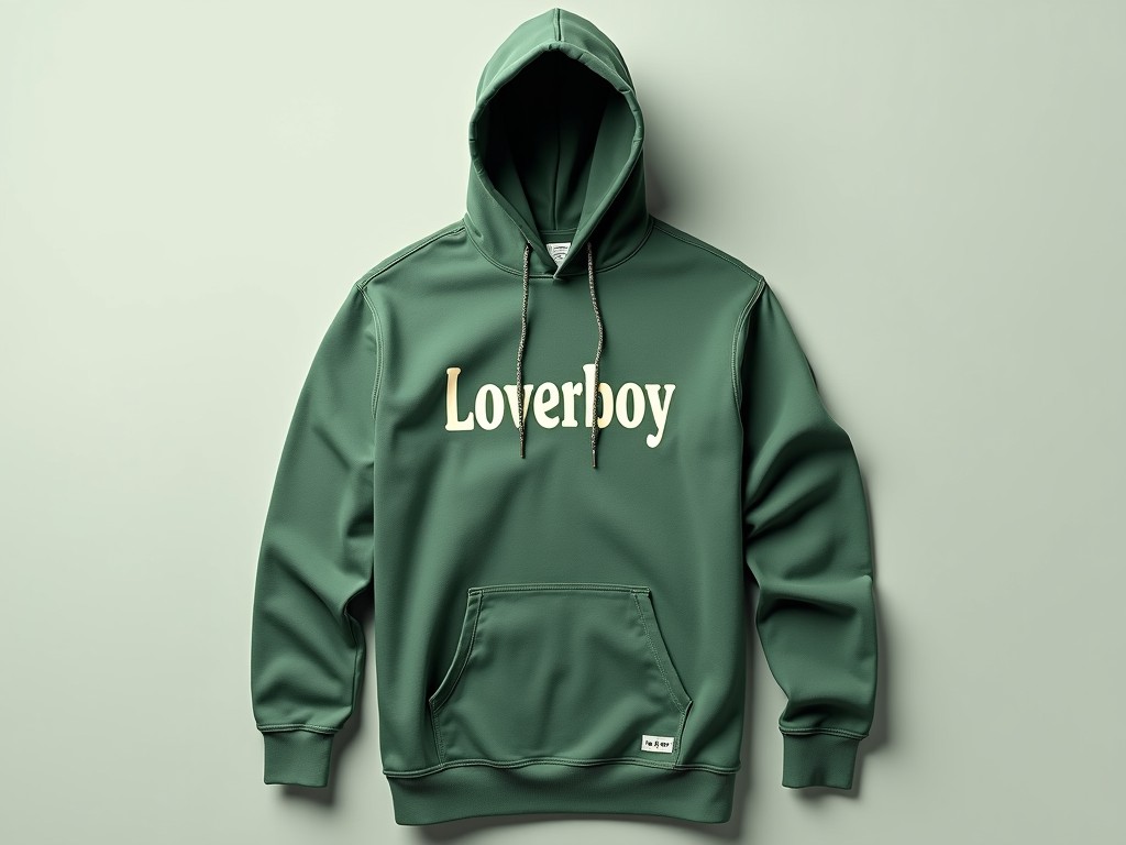 A high-quality image of a green hoodie with the word 'Loverboy' printed on it, styled in a modern manner.