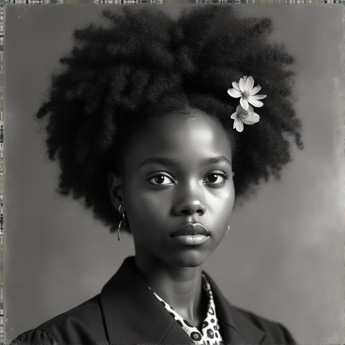 A black and white portrait of a young woman with an afro adorned with a flower, wearing a patterned blouse and blazer, exuding grace and poise.