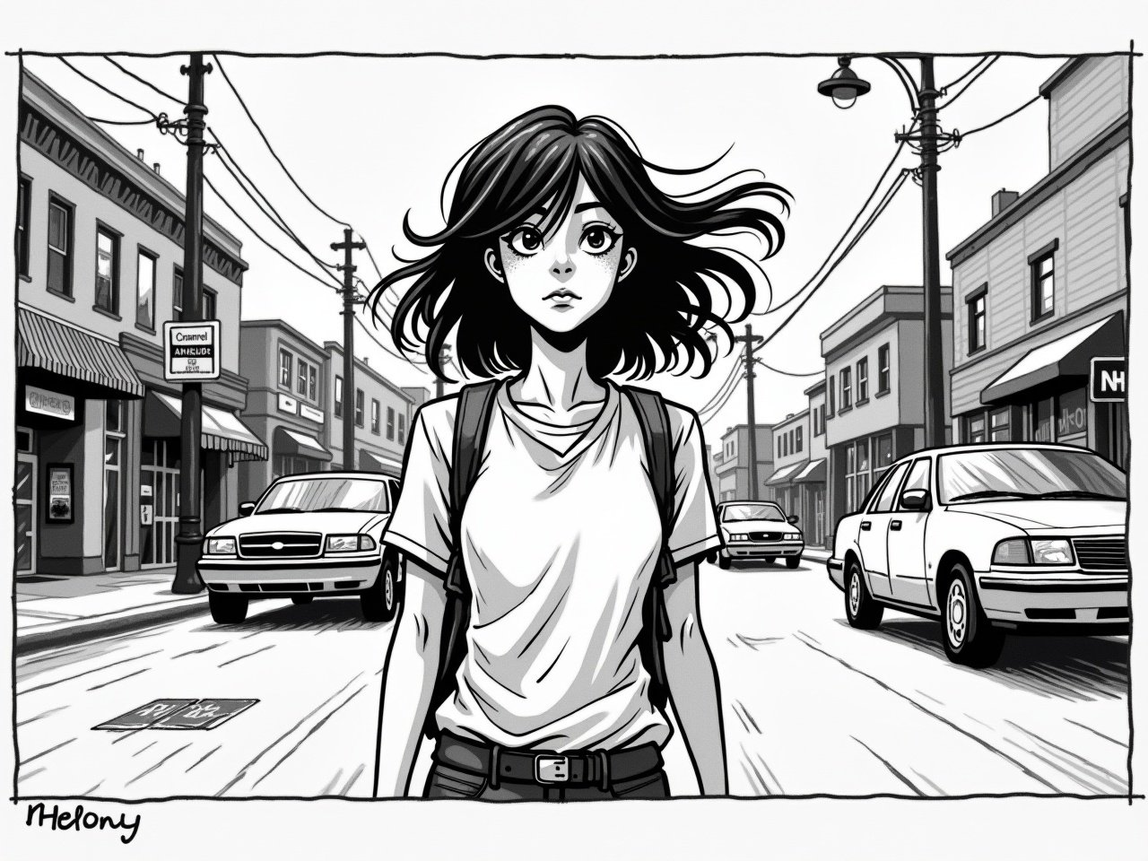 A young girl is depicted walking through an urban street. The illustration is in black and white, giving it a classic comic book feel. She has long, flowing hair and an expression of curiosity or concern. The background features cars and storefronts, providing a lively city ambiance. The scene captures a moment of contemplation as she strolls down the street.