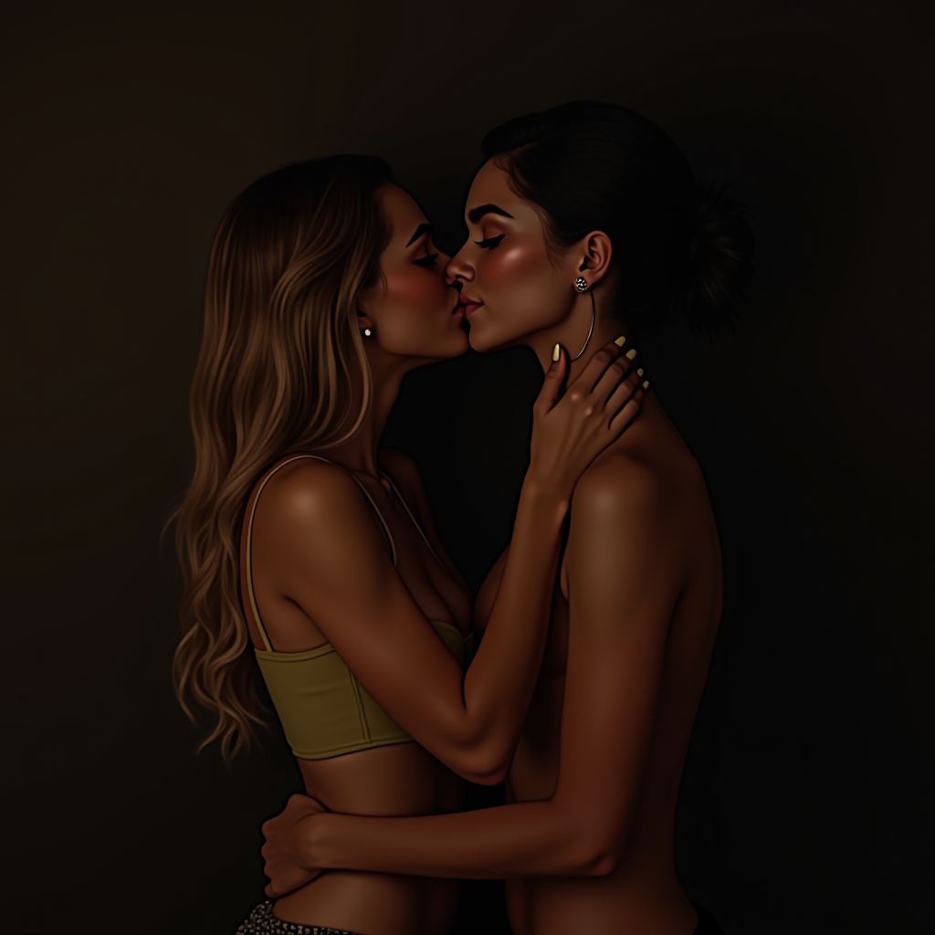 A warmly lit intimate moment between two women, showcasing a tender kiss and embrace.