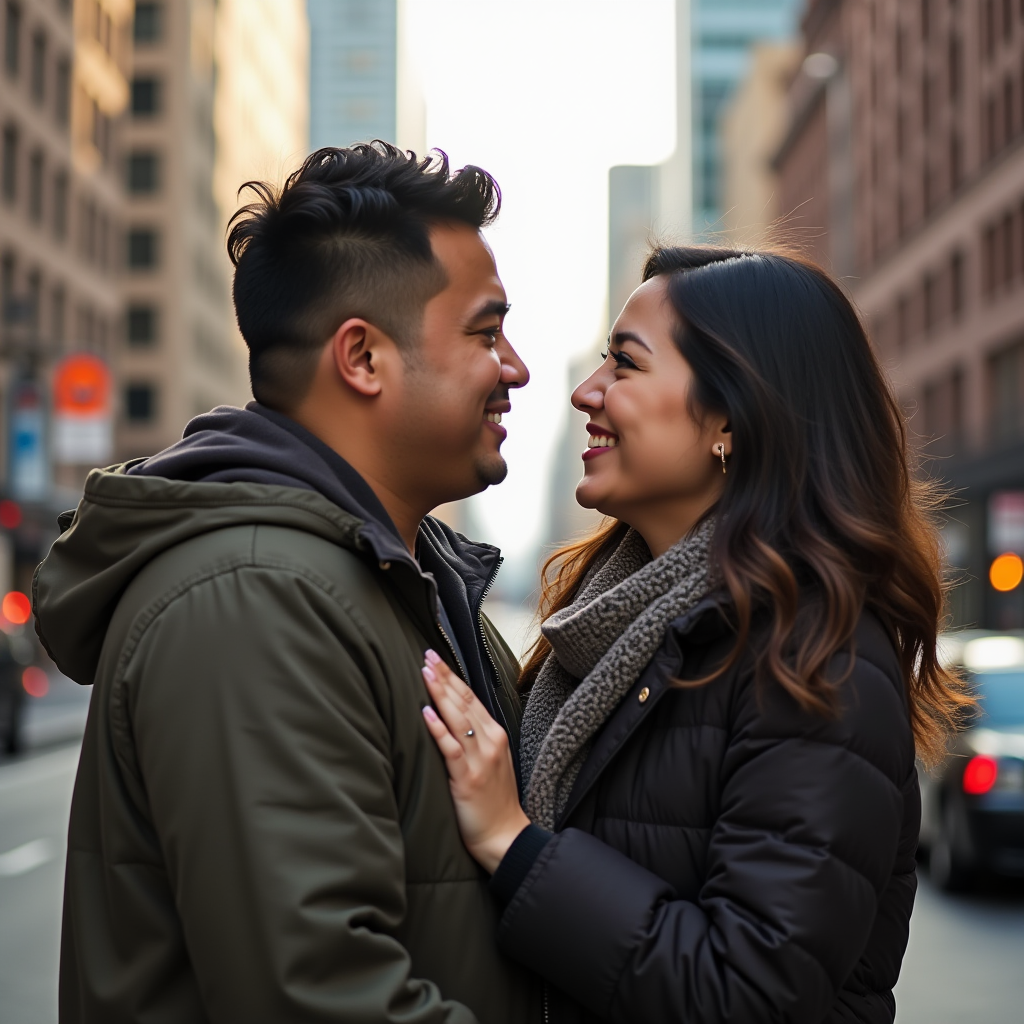 A couple shares an intimate moment on a city street, surrounded by urban architecture and glowing lights.