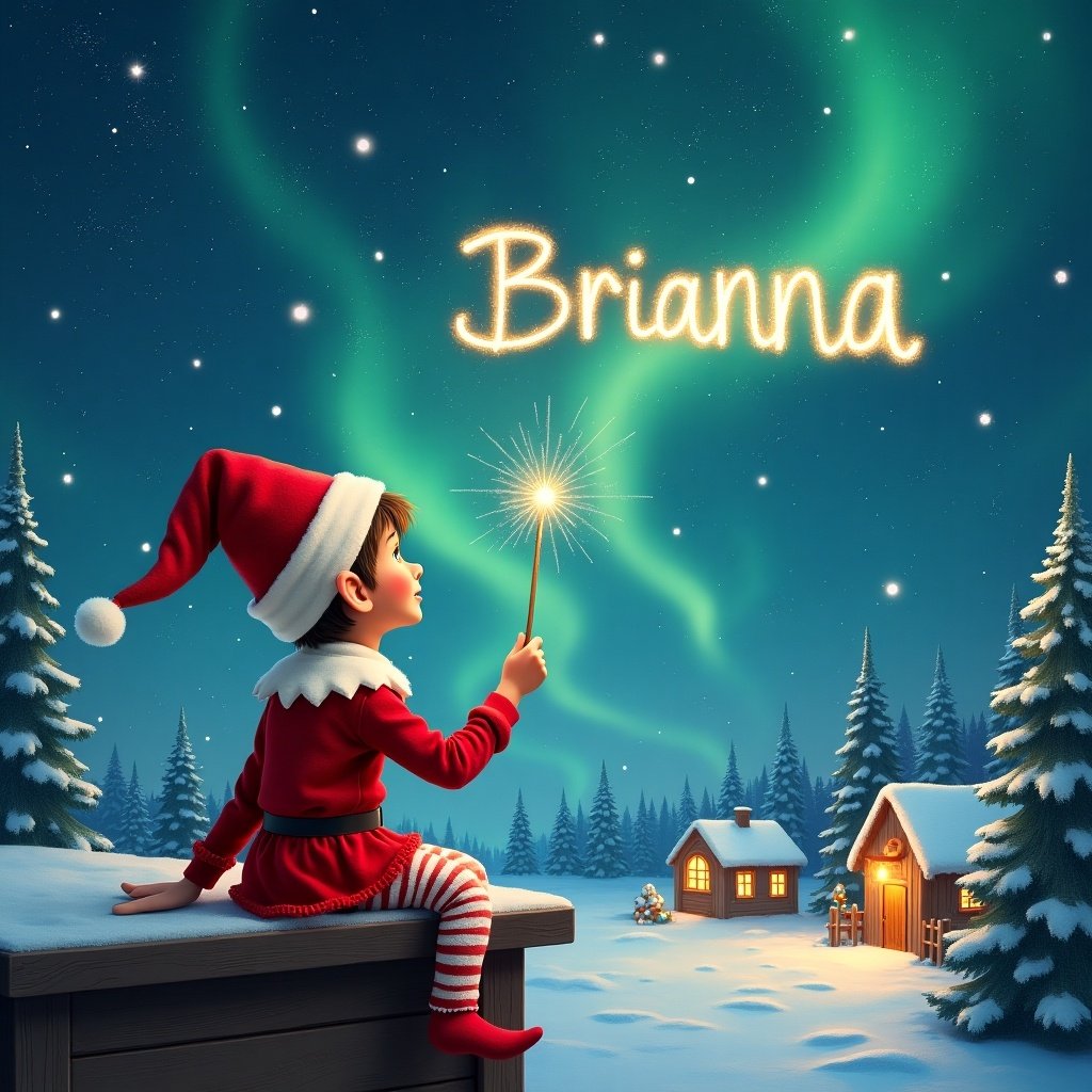 An elf sits on a wooden ledge with its back to the camera, gazing at a magical sky. Dressed in a red outfit with a pointed hat, the elf holds a sparkling wand. With the wand, the elf writes the name 'Brianna' in the starry sky. The scene is painted with a snowy landscape, charming little houses, and evergreen trees under shimmering Northern Lights. This whimsical depiction captures the essence of childhood magic and Christmas cheer. The elf elegantly adds the names 'James' 'Sandy' 'Lakelan' and 'Tobias' in the same starry sky, enriching the magical atmosphere.