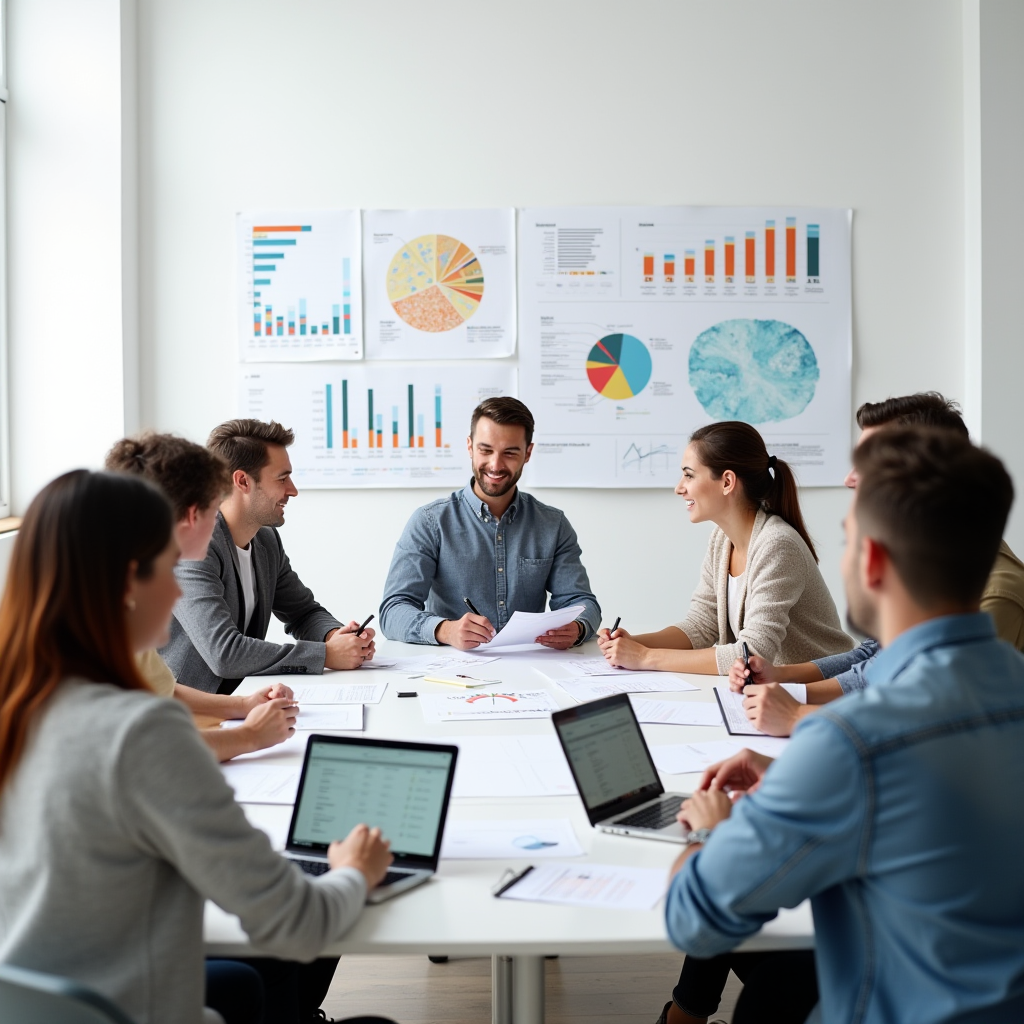 A group of seven professionals engaged in a meeting in a bright office with charts and graphs on the wall.