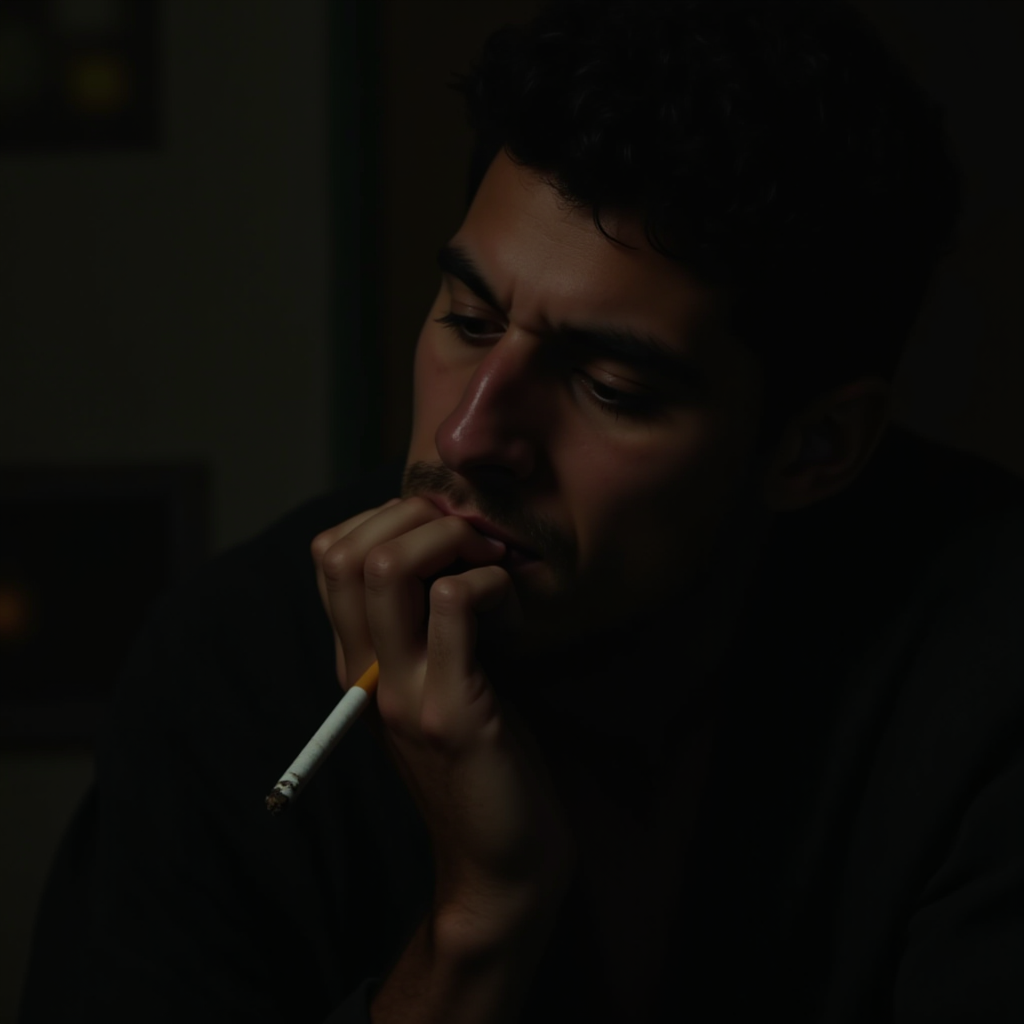 The image depicts a moody, introspective scene featuring a man deep in thought. He is holding a cigarette in his hand, poised near his lips as if contemplating life. The lighting is dim and atmospheric, casting soft shadows on his face, emphasizing a sense of solitude or reflection. The background is blurred and dark, focusing attention on the man’s thoughtful expression.