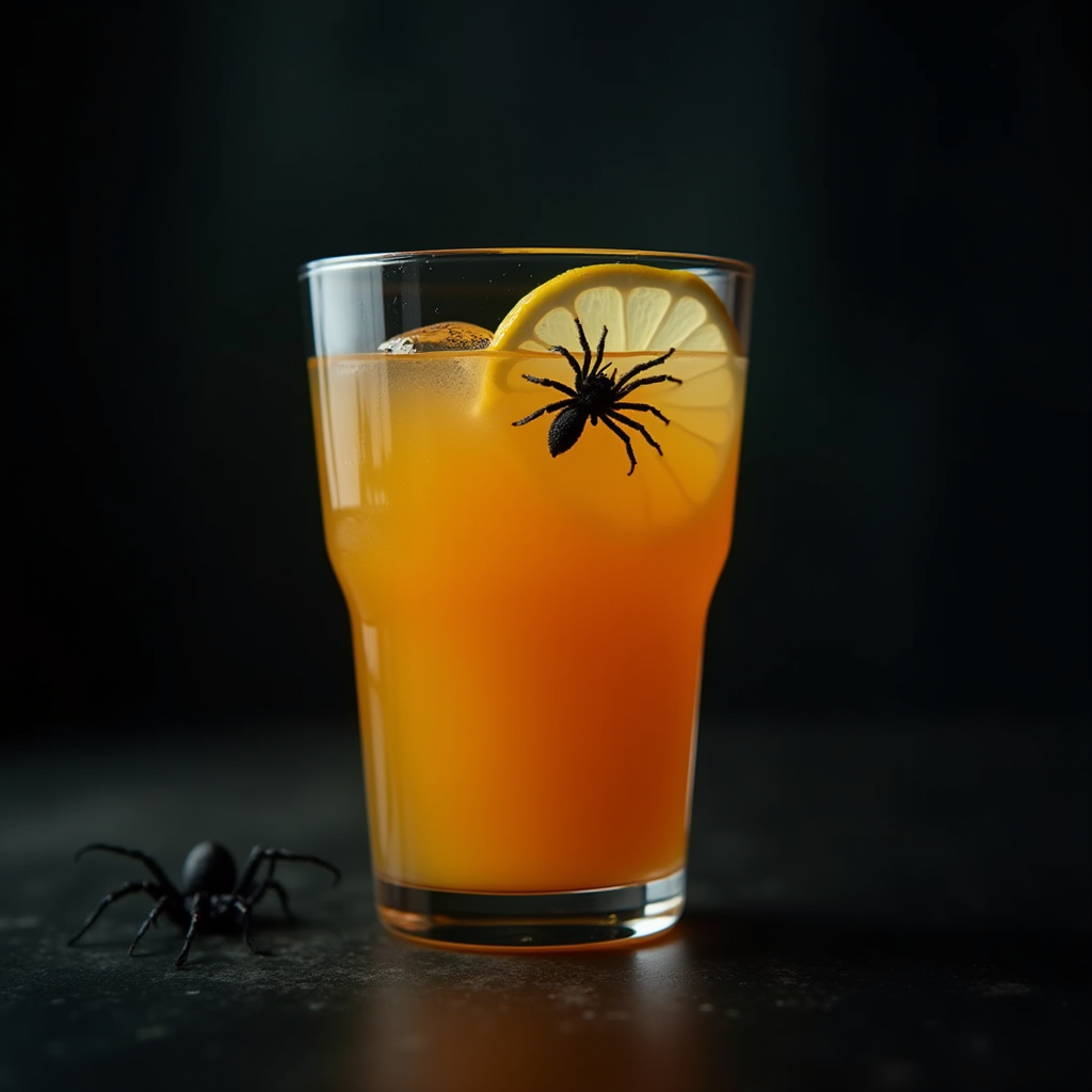 An orange beverage garnished with a lemon slice and plastic spider, perfect for Halloween.