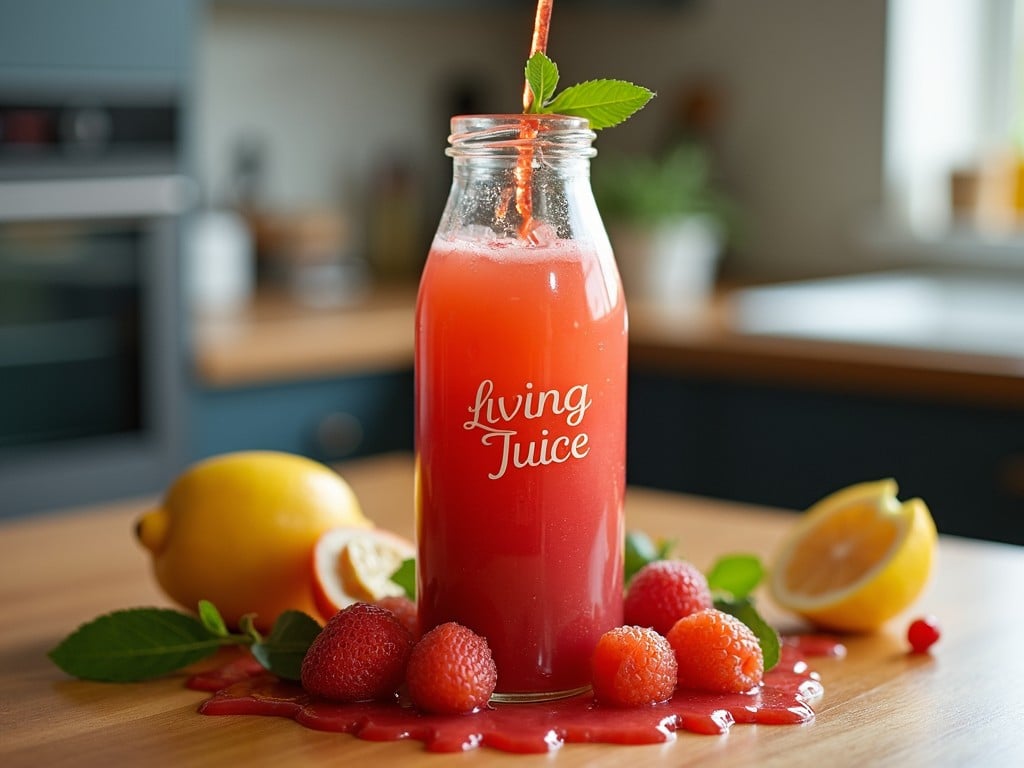 The image showcases a bottle of vibrant red juice labeled 'Living Juice,' sitting on a wooden kitchen counter. The juice is surrounded by strawberries, raspberries, and sliced lemons, all set against the soft lighting of a cozy kitchen. A sprig of green leaves adds a touch of freshness, enhancing the refreshing and inviting feel of the scene.