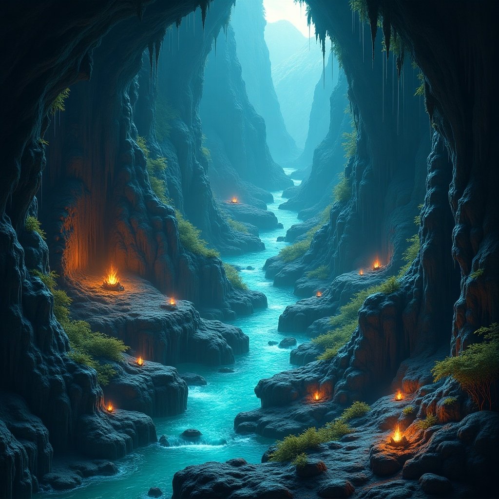 This image depicts a stunning top-down view of an underworld landscape. The scene features a winding river flowing through a massive canyon, flanked by towering rock formations. Small fires illuminate the rocks and water, creating a warm glow against the cool tones of the surroundings. Lush greenery grows within the crevices, adding life to the otherwise mysterious setting. The atmosphere is serene yet intriguing, inviting viewers to imagine tales of adventure and exploration.