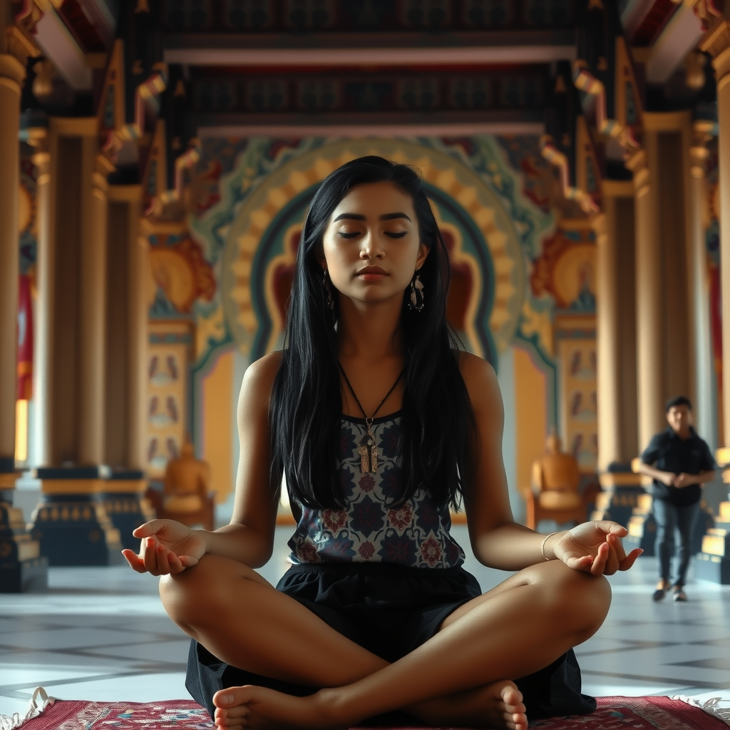 A woman meditates peacefully in an ornately decorated temple.