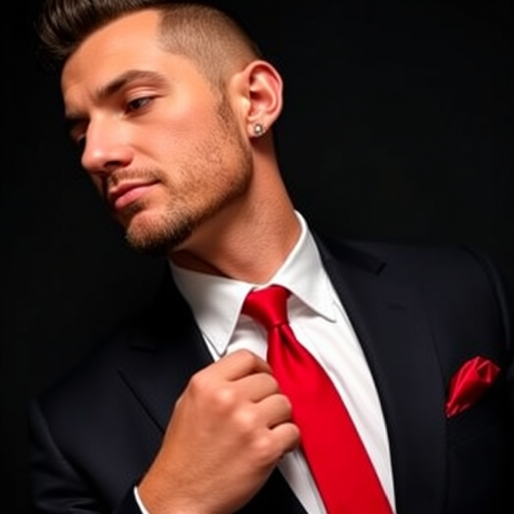 The image features a man dressed in a formal black suit with a vibrant red tie and matching pocket square. The background is dark, which enhances the focus on the subject. His head is slightly turned to the side, showcasing his earring in the left ear. His expression is calm and confident, with a neatly groomed beard. The image conveys a sense of sophistication and style.