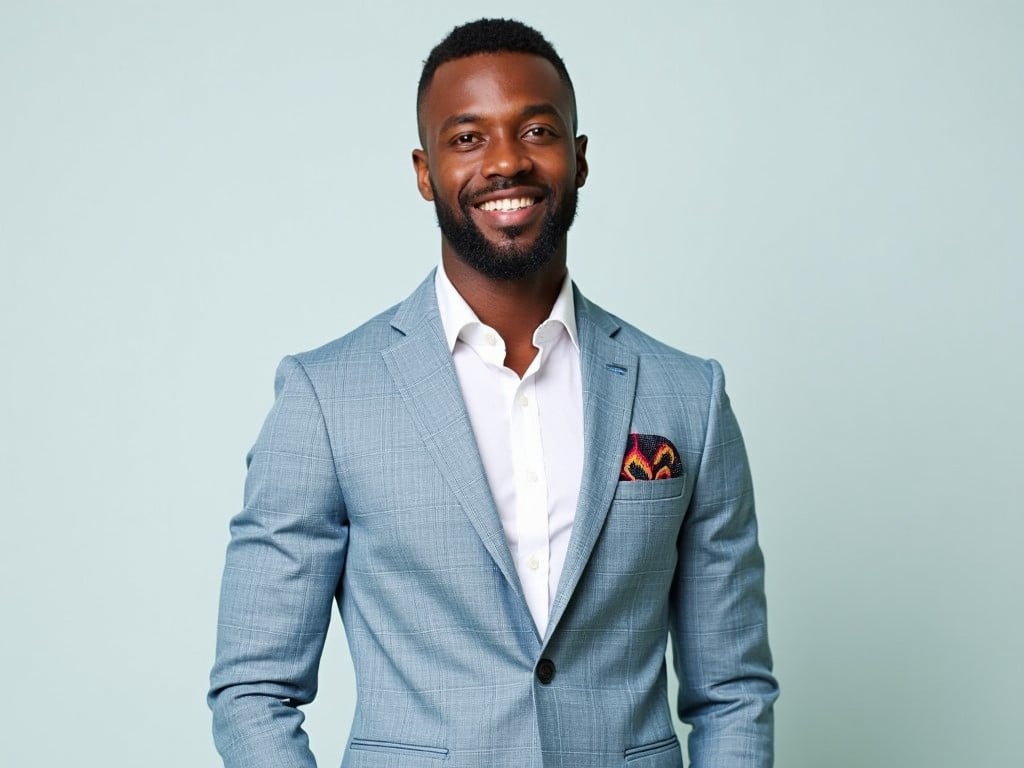 A man is standing against a plain, light-colored background. He is wearing a stylish, light blue checked blazer with a notch lapel. Underneath the blazer, he has on a crisp white shirt, partially unbuttoned at the collar, with a dark tie visible. In the pocket of his blazer, there is a colorful pocket square that adds a touch of flair. The man has short hair and a well-groomed beard, and he appears confident with a slight smile on his face. His arms are relaxed at his sides, presenting a polished and professional appearance.