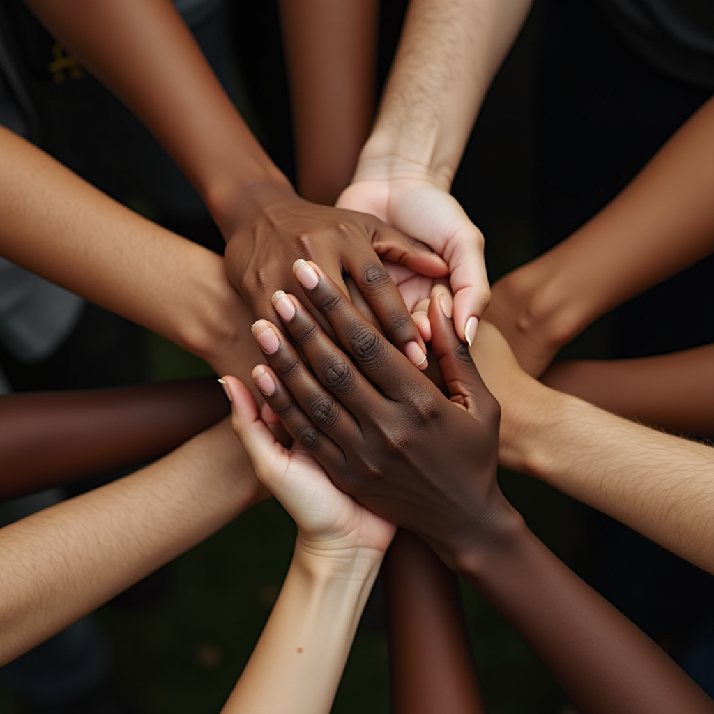 A group of diverse hands coming together in a show of unity and collaboration.