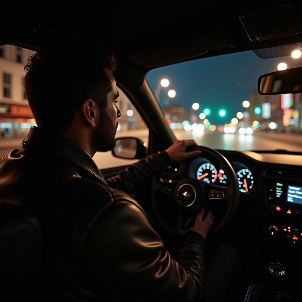 A person in a leather jacket is driving a car at night with city lights visible through the windshield.