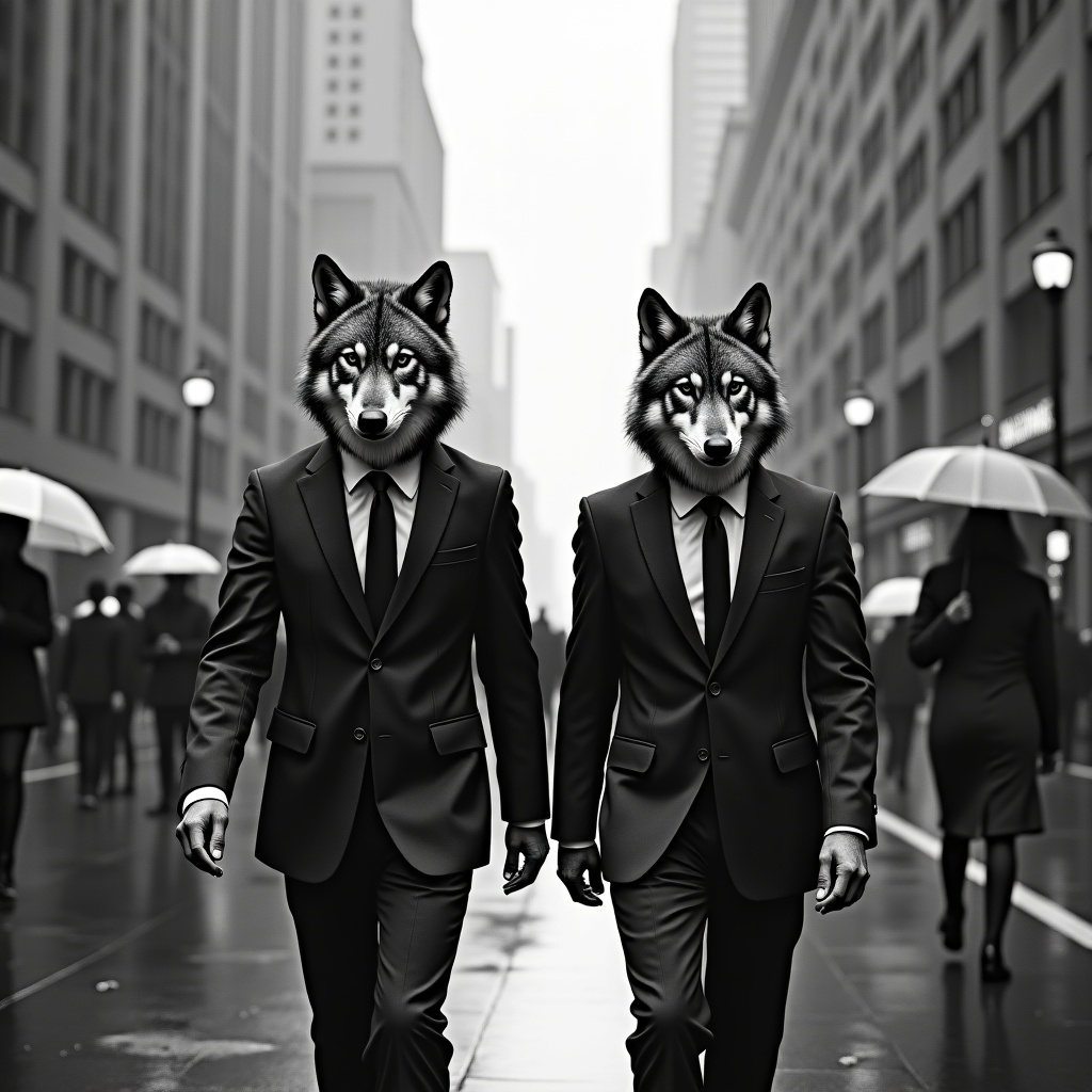 This surreal image depicts two confidently walking figures in formal business suits, but with the unexpected twist of having wolf heads. The backdrop of a rainy urban street with tall buildings adds a dramatic flair. The black-and-white color palette deepens the sense of mystery and surrealism. Umbrellas held by passersby create a contrast with the bold wolf heads. This composition invites viewers to question the blend of the ordinary with the fantastical, making it a captivating visual experience.